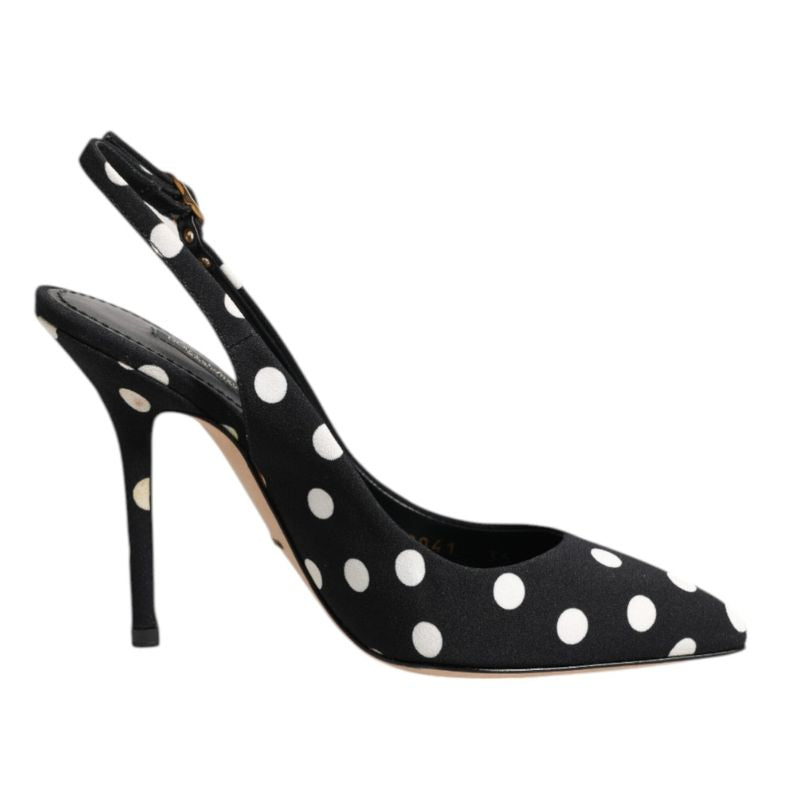 Black White Dotted Stiletto Slingback Shoes