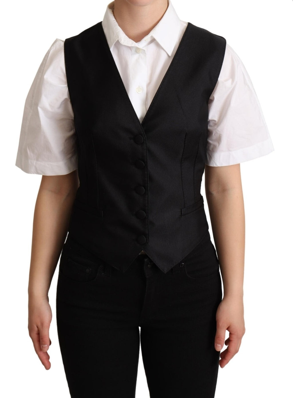 Solid Black Silk Sleeveless Waistcoat Vest Top