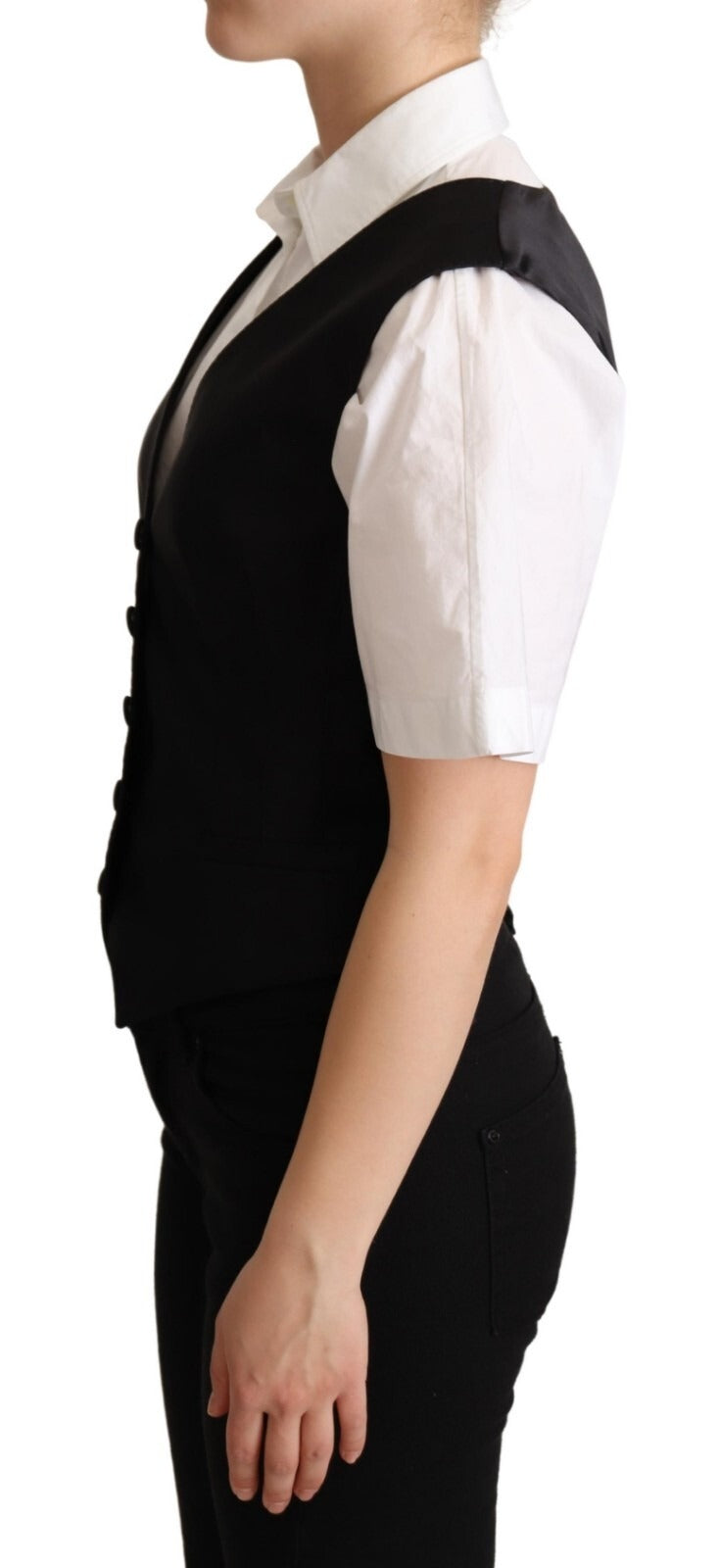 Solid Black Silk Sleeveless Waistcoat Vest Top
