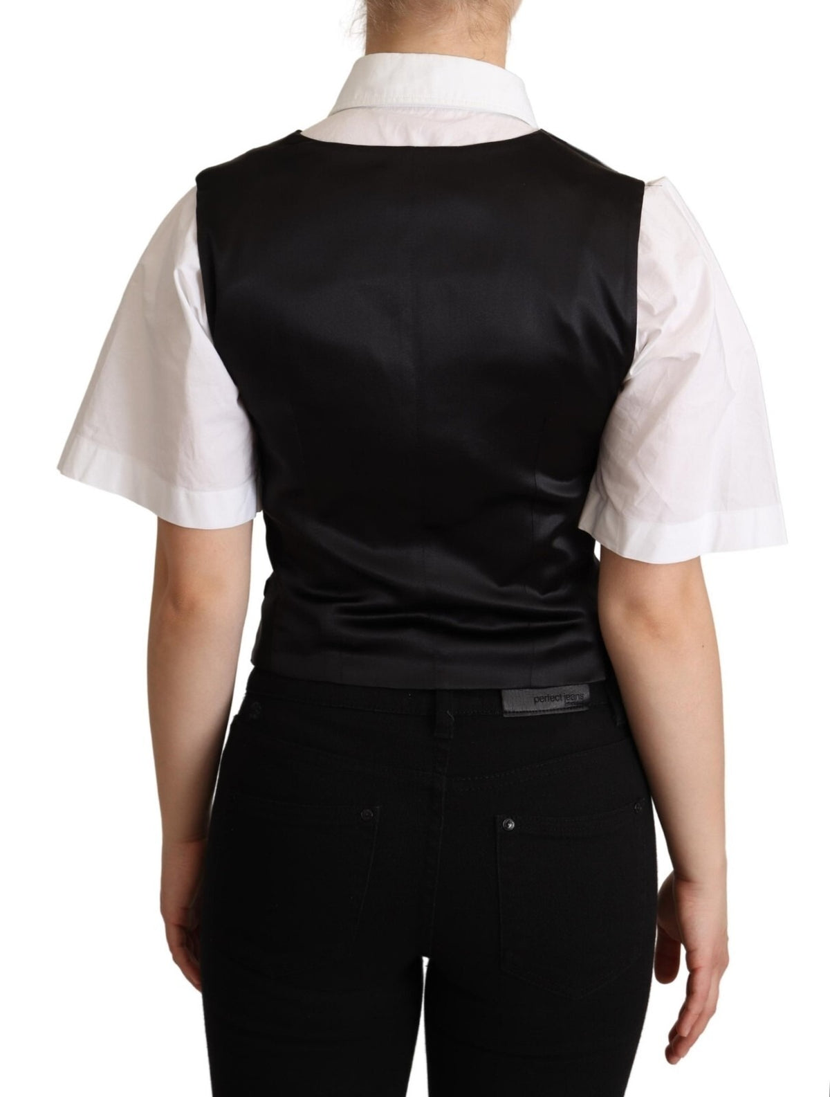 Solid Black Silk Sleeveless Waistcoat Vest Top