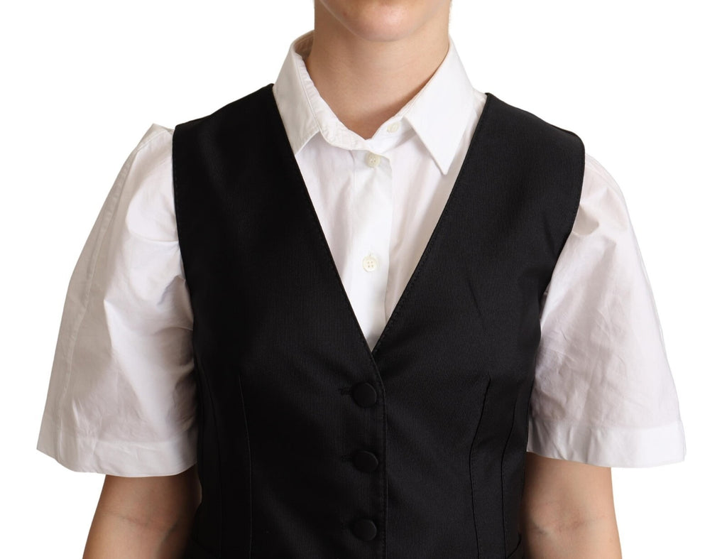 Solid Black Silk Sleeveless Waistcoat Vest Top