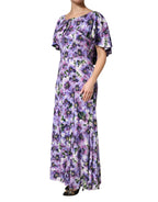 Purple Floral Silk Stretch Elegant Gown  Dress