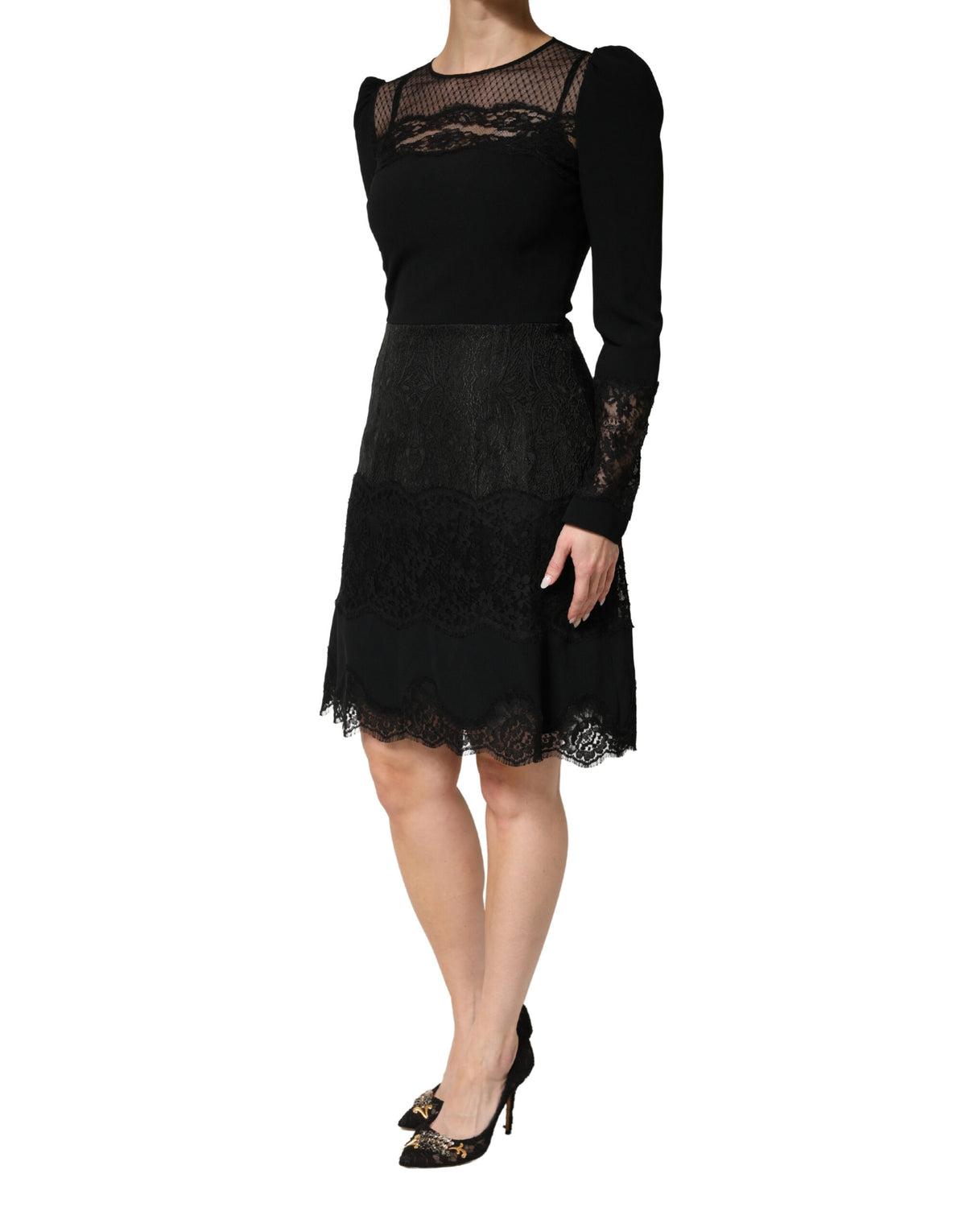 Black Lace Sheer Panel Midi Long Sleeve  Dress