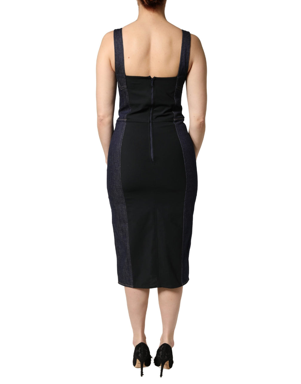 Dark Blue Cotton Denim Sheath Midi Dress