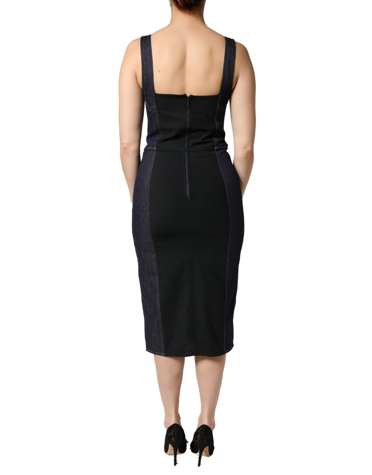 Dark Blue Cotton Denim Sheath Midi Dress