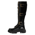 Black Buckle Embellished Knee High Boots Shoes