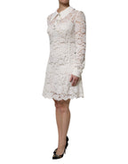 White Floral Lace Viscose Collared Mini Dress