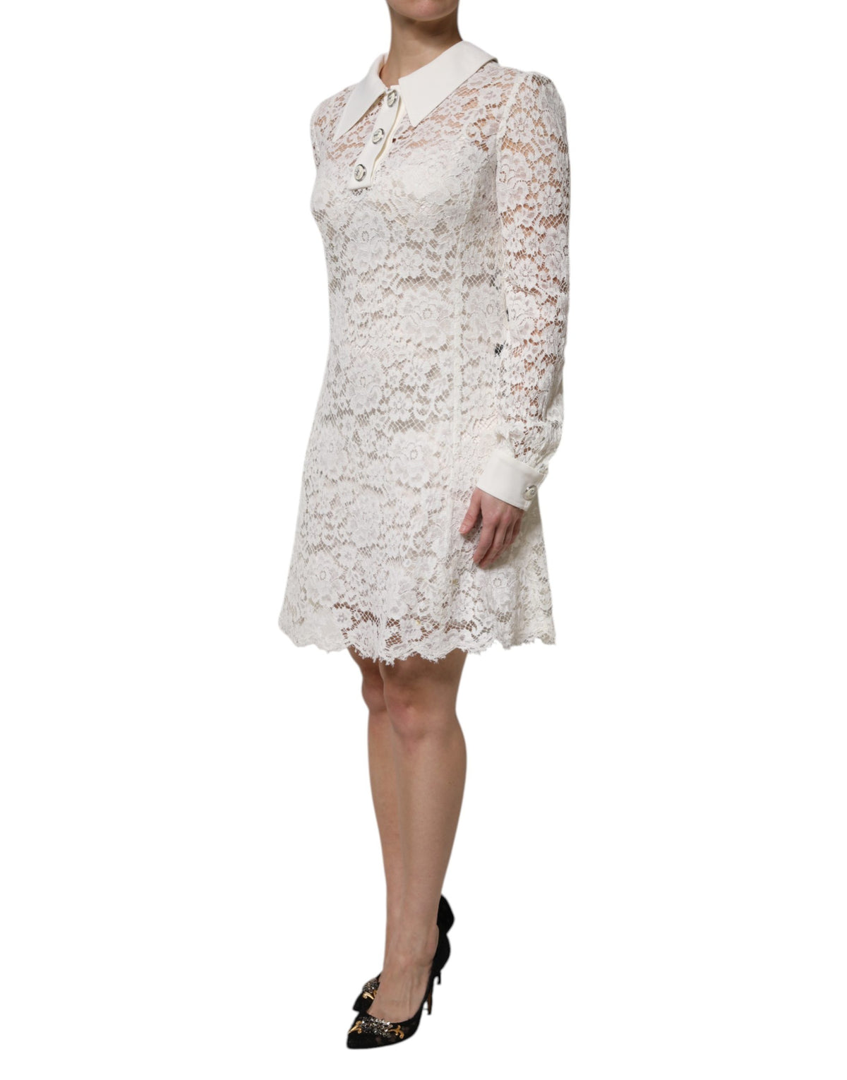 White Floral Lace Viscose Collared Mini Dress