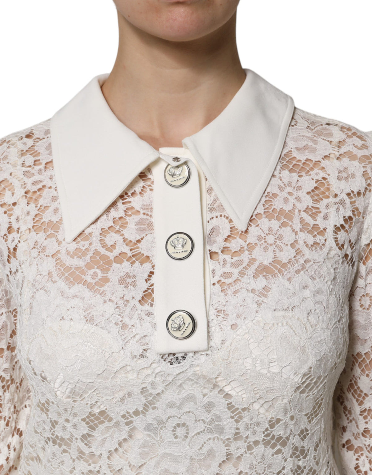 White Floral Lace Viscose Collared Mini Dress