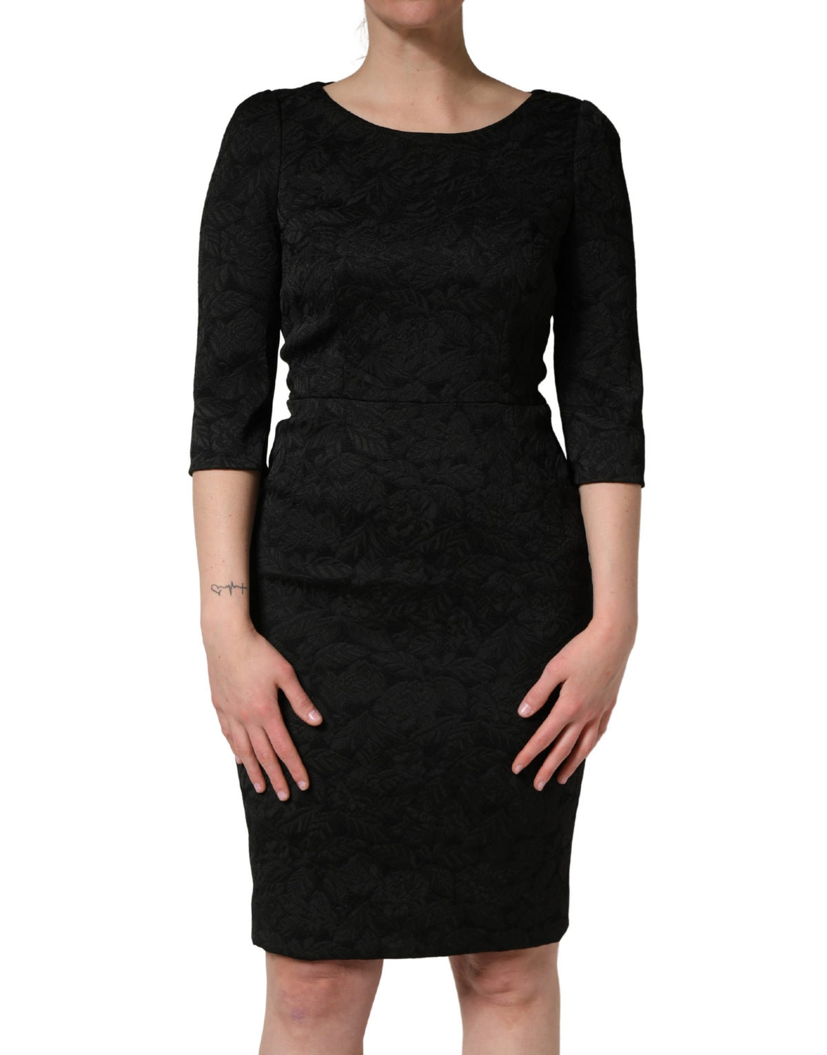 Black Floral Brocade Sheath Knee Length Dress