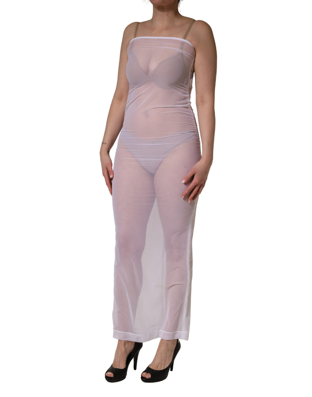 White Sheer Nylon Stretch Sheath Maxi Dress