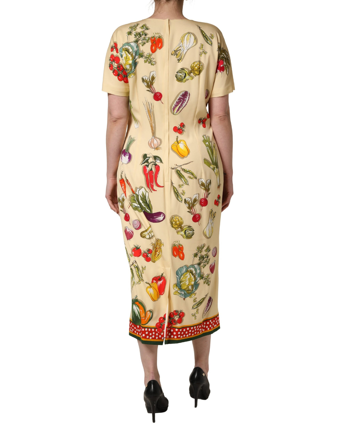 Beige Fruit PolkaDot Sheath Silk Midi Dress