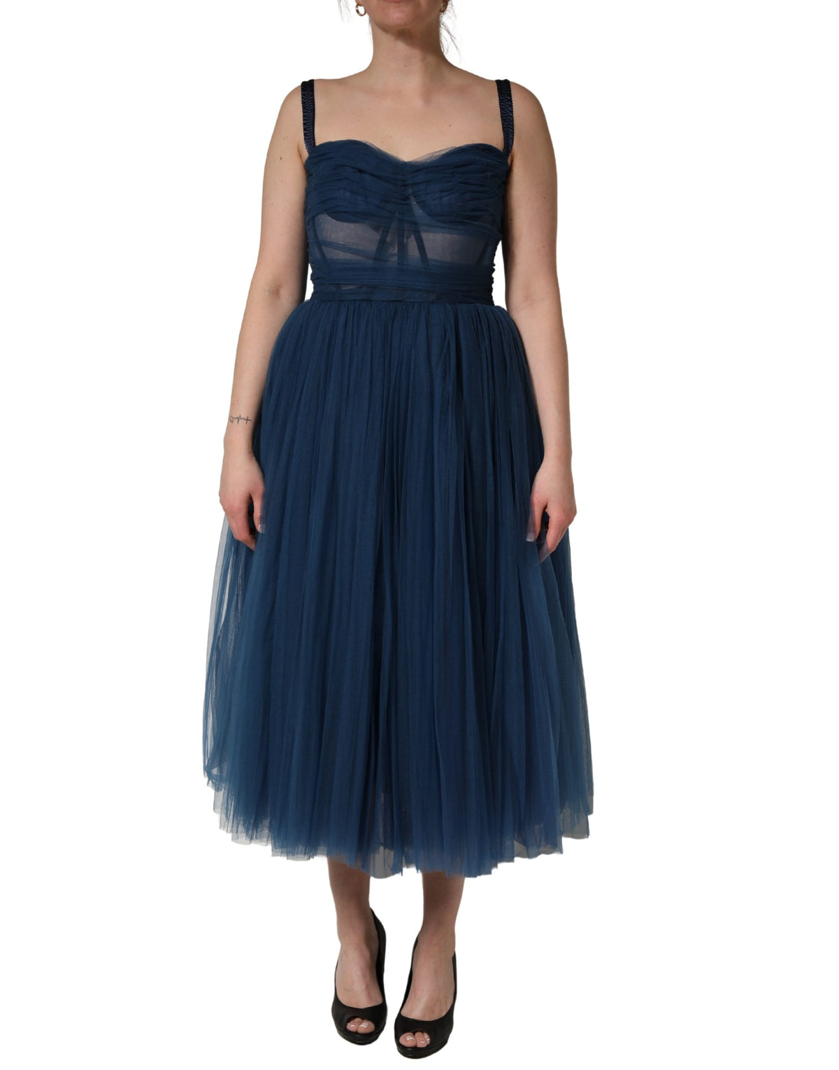 Blue Tulle Midi A-line Sleeveless Dress