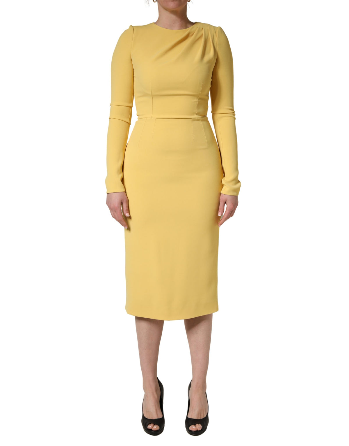 Yellow Silk Long Sleeves Sheath Midi Dress