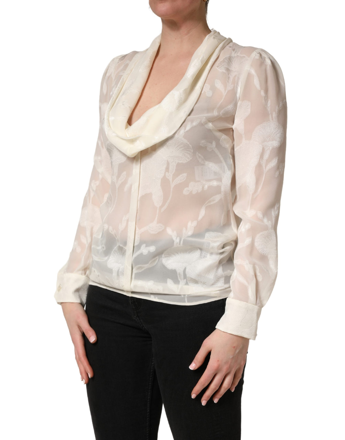 Off White Floral Semi Sheer Silk Blouse Top