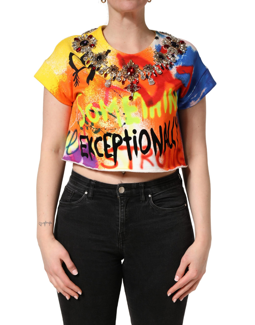 Multicolor Graffiti Crystals Crop Jersey Top