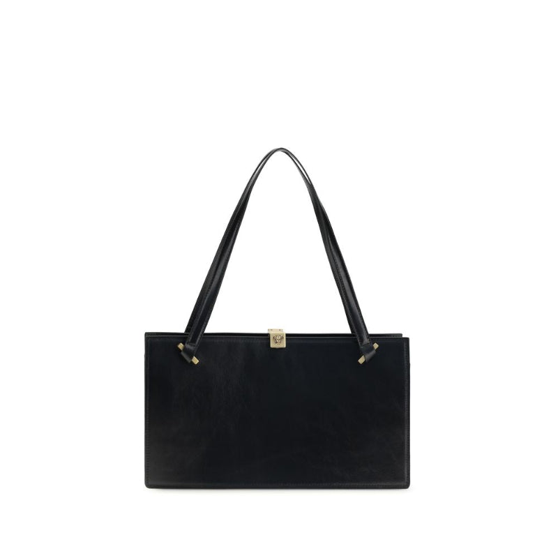 A black leather tote bag with dual shoulder straps and small gold-tone hardware, centered on a plain white background.