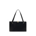 A black leather tote bag with dual shoulder straps and small gold-tone hardware, centered on a plain white background.