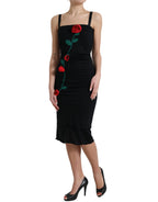 Black Wool Sleeveless Rose Applique Dress