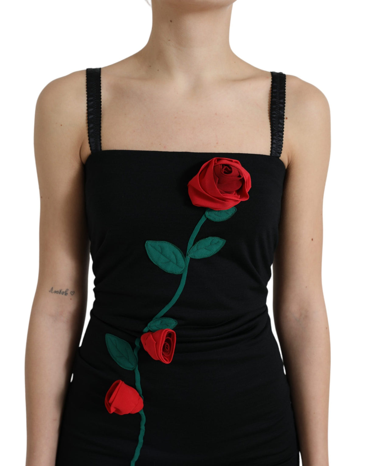 Black Wool Sleeveless Rose Applique Dress