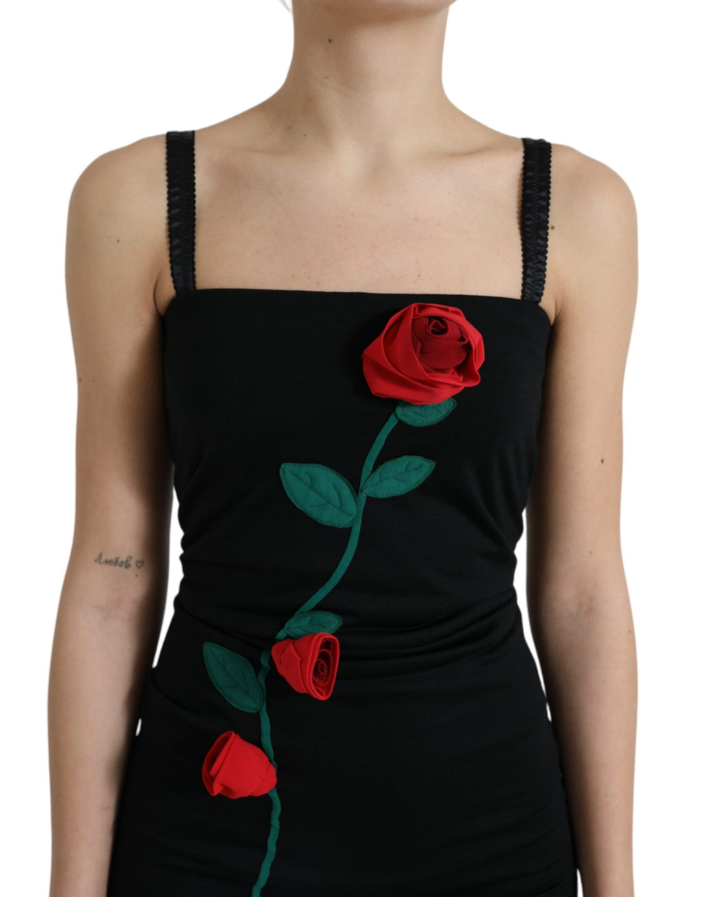 Black Wool Sleeveless Rose Applique Dress
