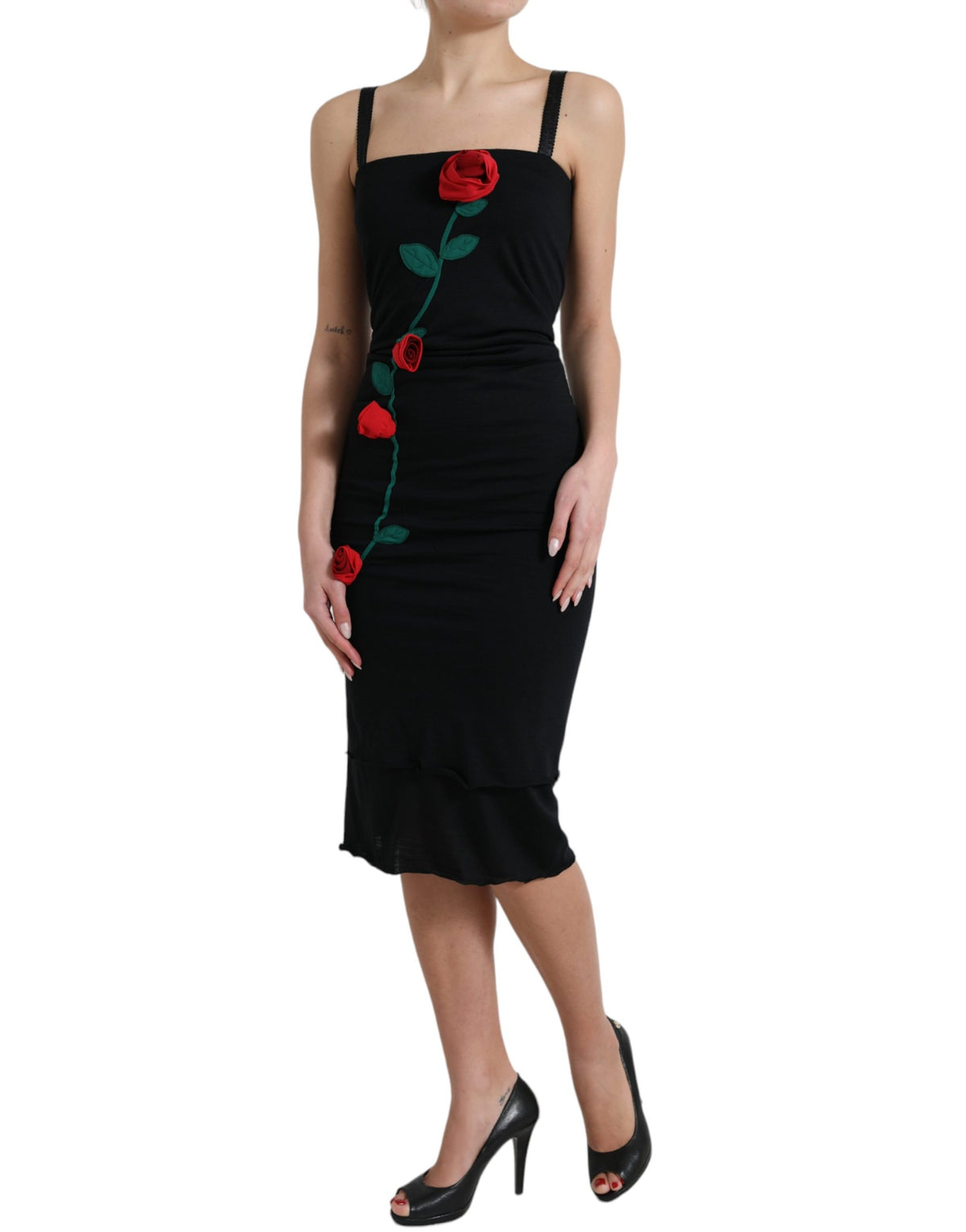 Black Wool Sleeveless Rose Applique Dress