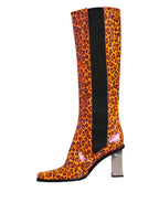 Brown Leopard Leather Knee High Boots Shoes