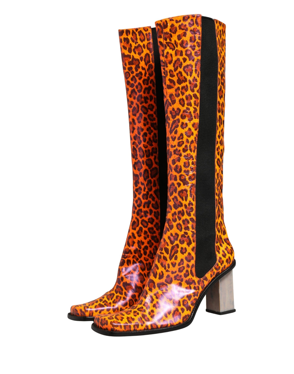 Brown Leopard Leather Knee High Boots Shoes