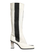 White Black Leather Knee High Boots Shoes