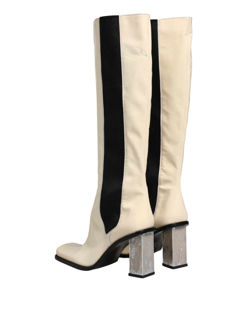 White Black Leather Knee High Boots Shoes