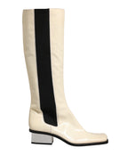 White Black Leather Knee High Boots Shoes