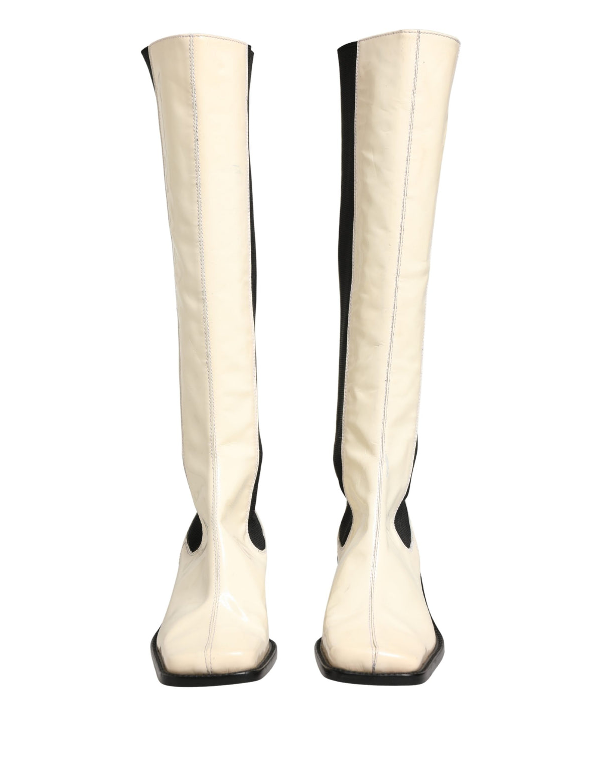 White Black Leather Knee High Boots Shoes