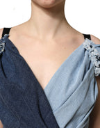 Blue Cotton Patchwork Denim Mini Sheath Dress