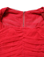 Red Cotton Ruched Stretch Tulle Midi Dress