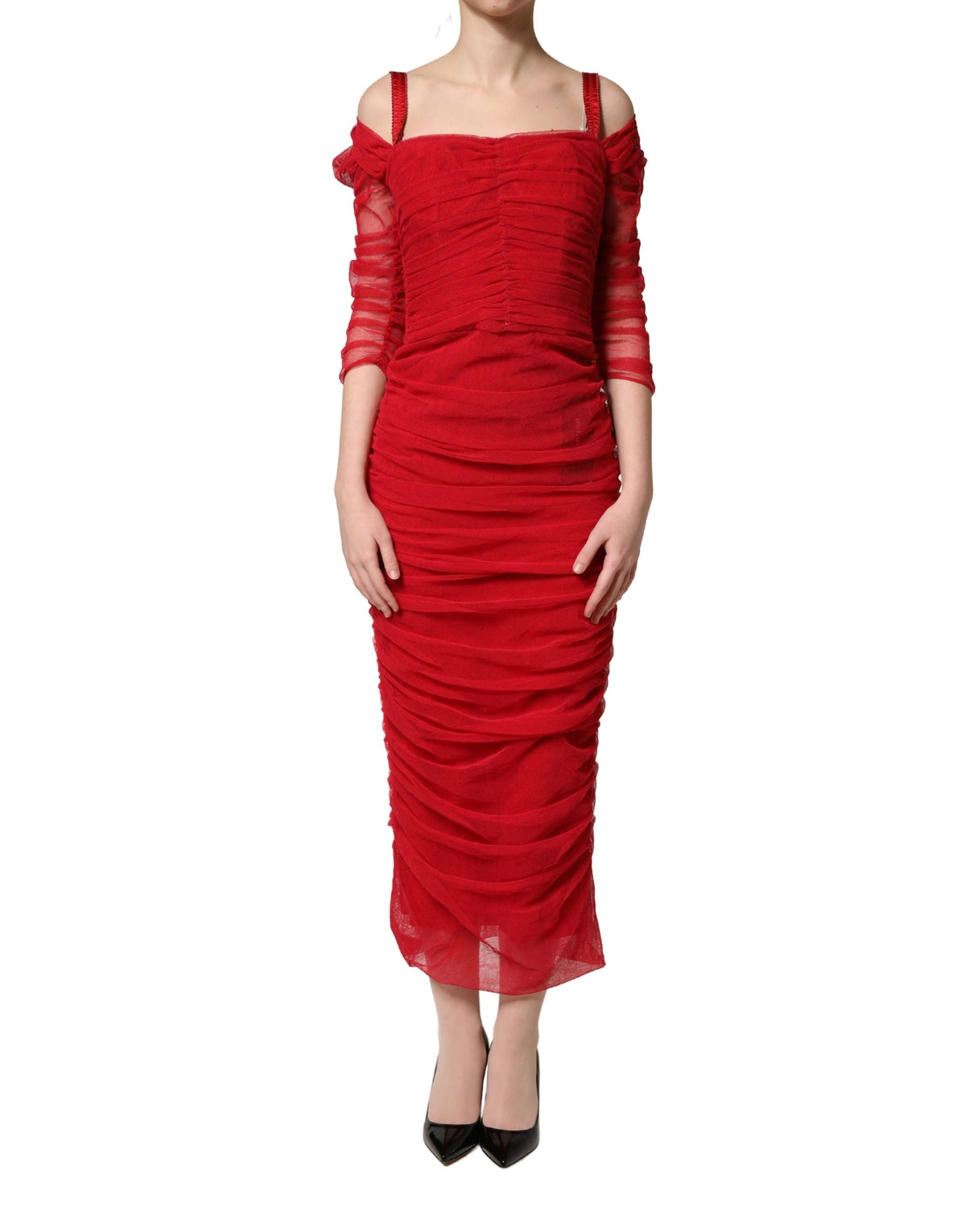 Red Cotton Ruched Stretch Tulle Midi Dress