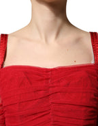 Red Cotton Ruched Stretch Tulle Midi Dress