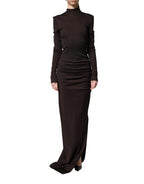 Brown Turtleneck Jersey Long Maxi Dress