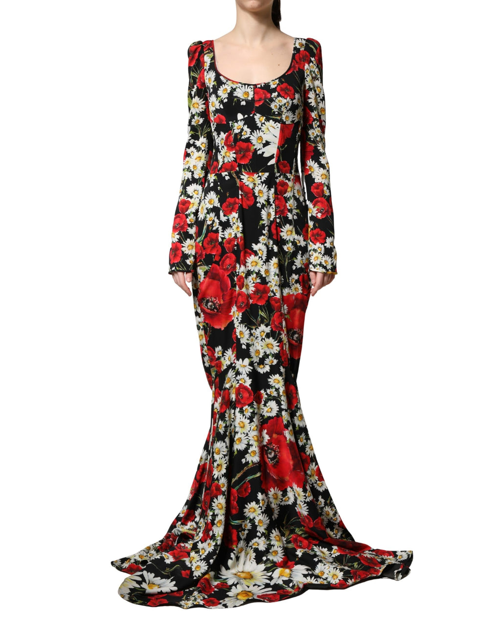 Black Floral Silk Long Sleeves Gown Dress