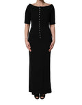 Black Silk Button Bodice Sheath Maxi Dress