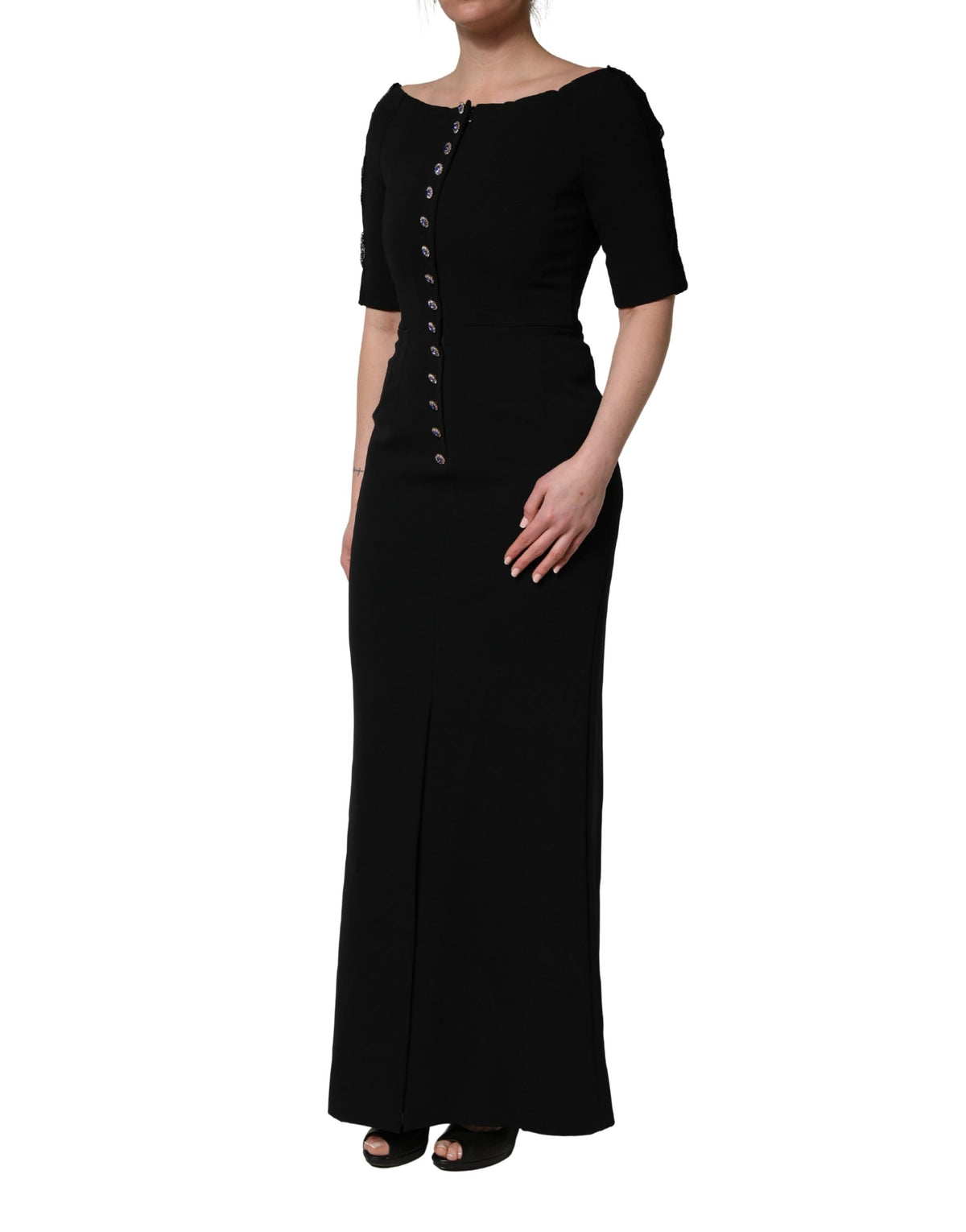 Black Silk Button Bodice Sheath Maxi Dress