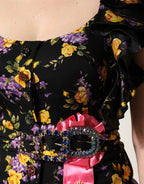 Black Purple Crystal Brooch Silk Midi Dress
