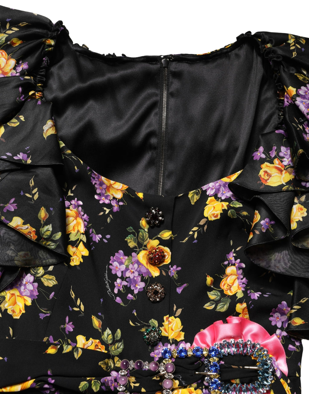 Black Purple Crystal Brooch Silk Midi Dress