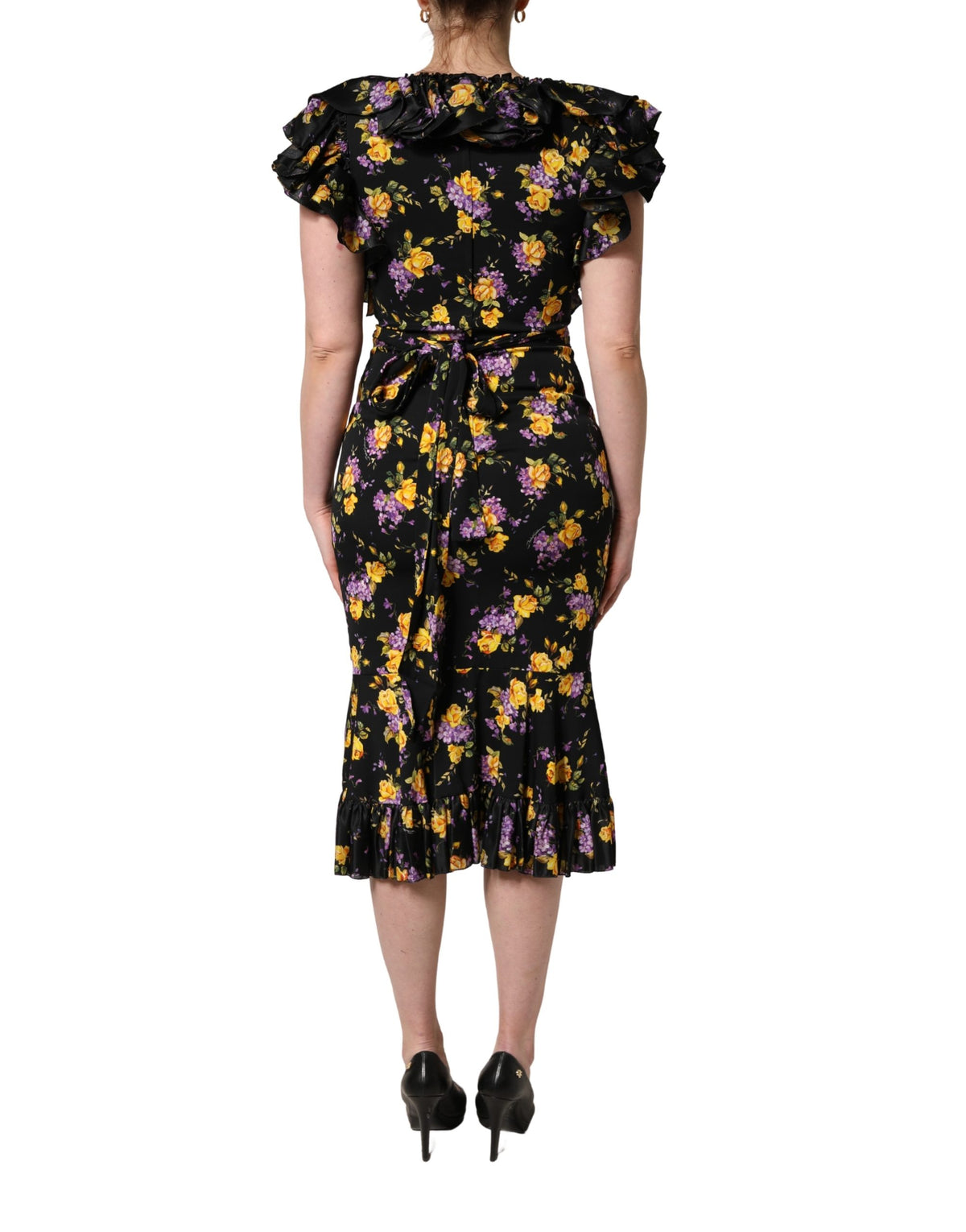 Black Purple Crystal Brooch Silk Midi Dress