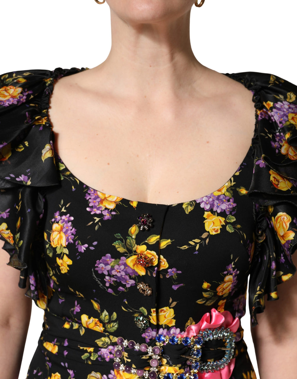 Black Purple Crystal Brooch Silk Midi Dress