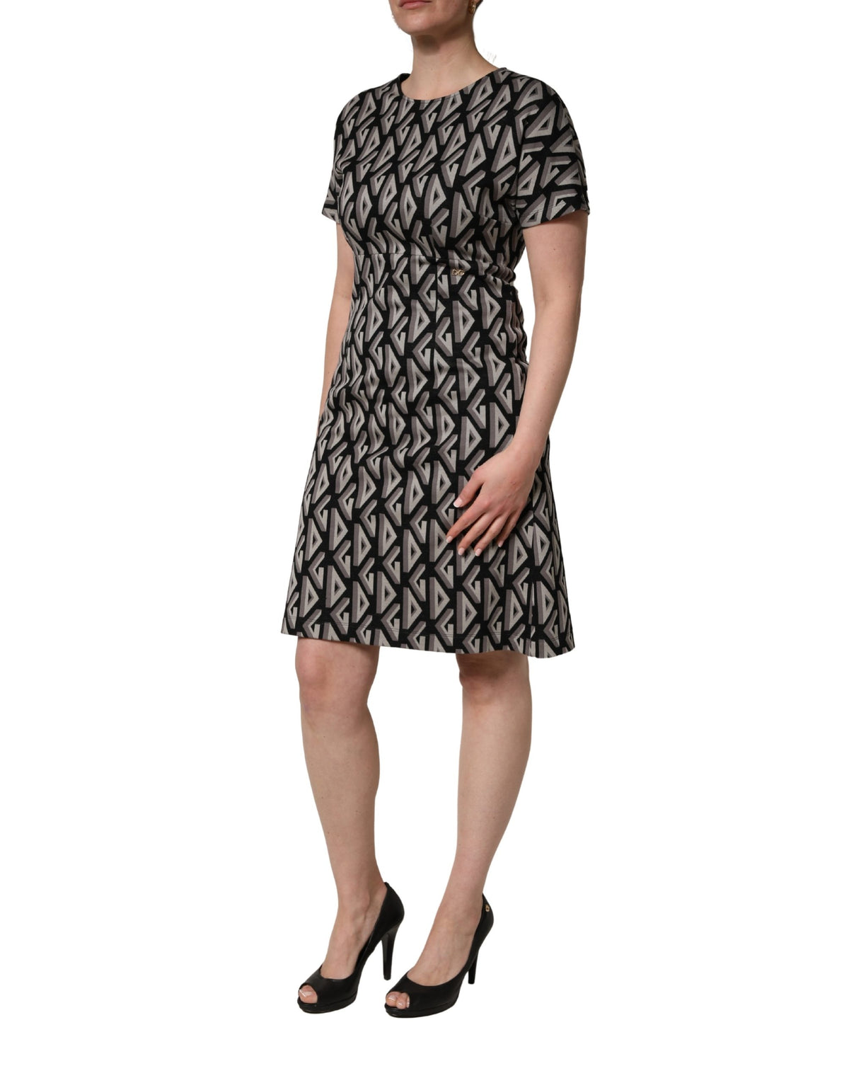 Black Logo Print Cotton Knee Length Dress
