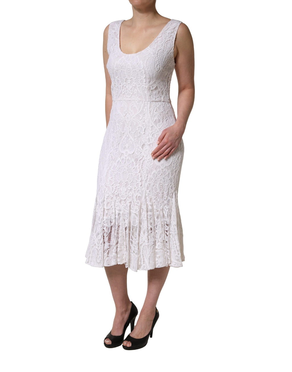 White Floral Lace Sleeveless Midi Dress