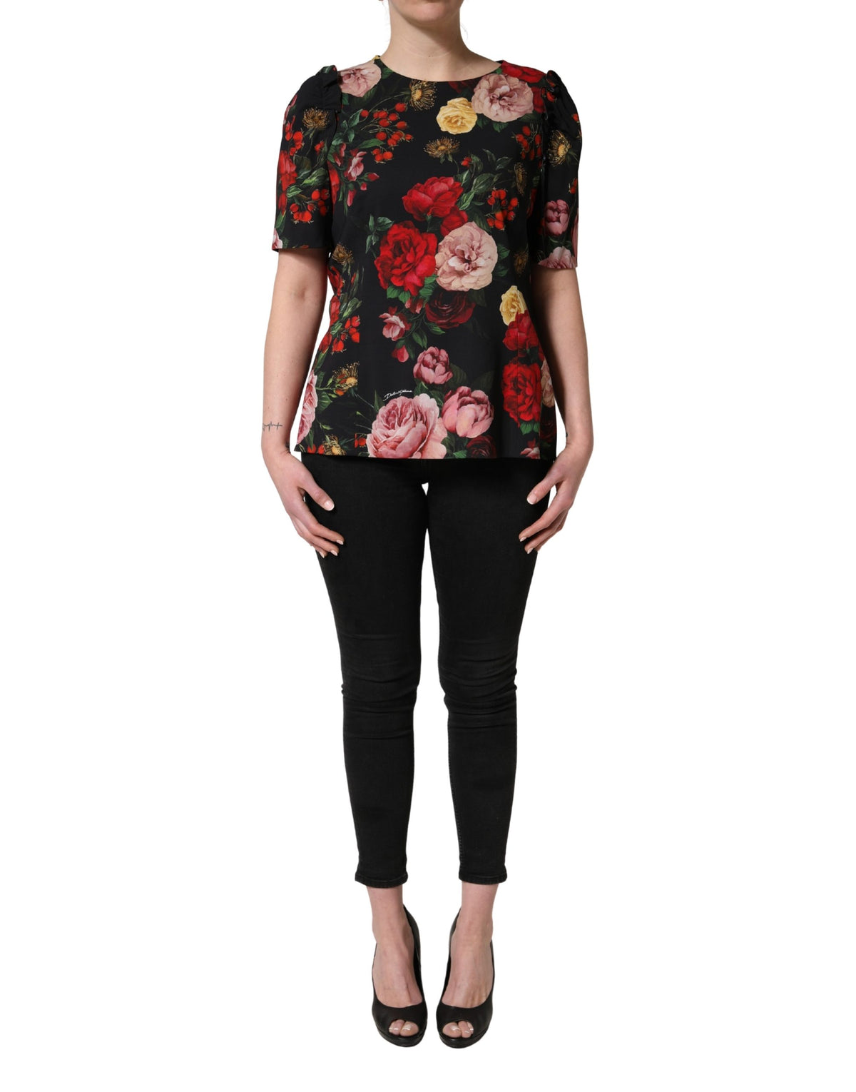 Black Floral Crepe Frill Detail Blouse Top