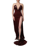 Maroon Embellished Vneck Evening Gown Dress