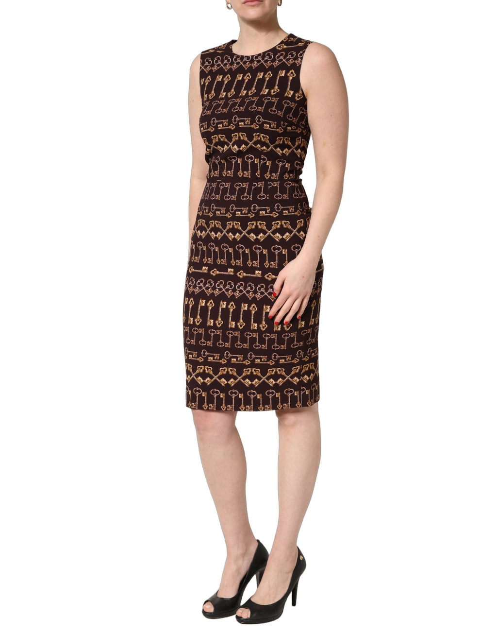 Brown Keys Fitted Sheath Knee Length Dress
