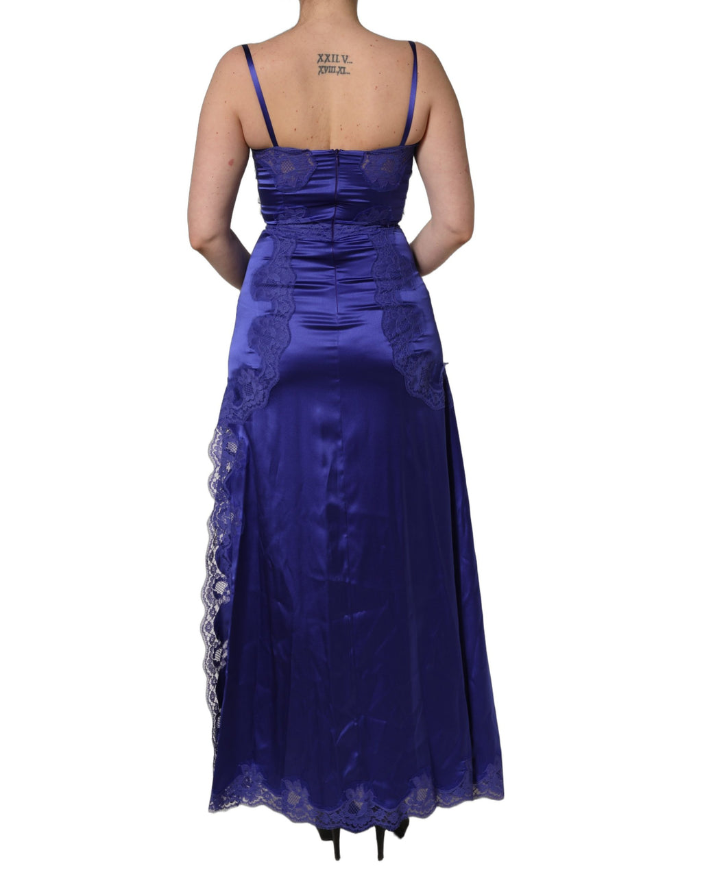 Blue Sleeveless Lace Trim A-line Gown Dress